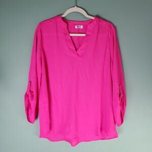 West K Womens Pink V-Neck Roll tab Blouse Top Size XL